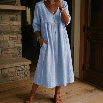 Elegant V-Neck Linen Blend Midi Dress with Lace Inserts and Pockets | Women's Casual Summer Dress