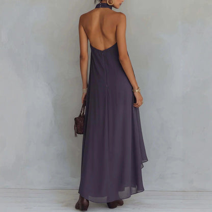 Robe longue bohème brodée, à col licou et ourlet asymétrique