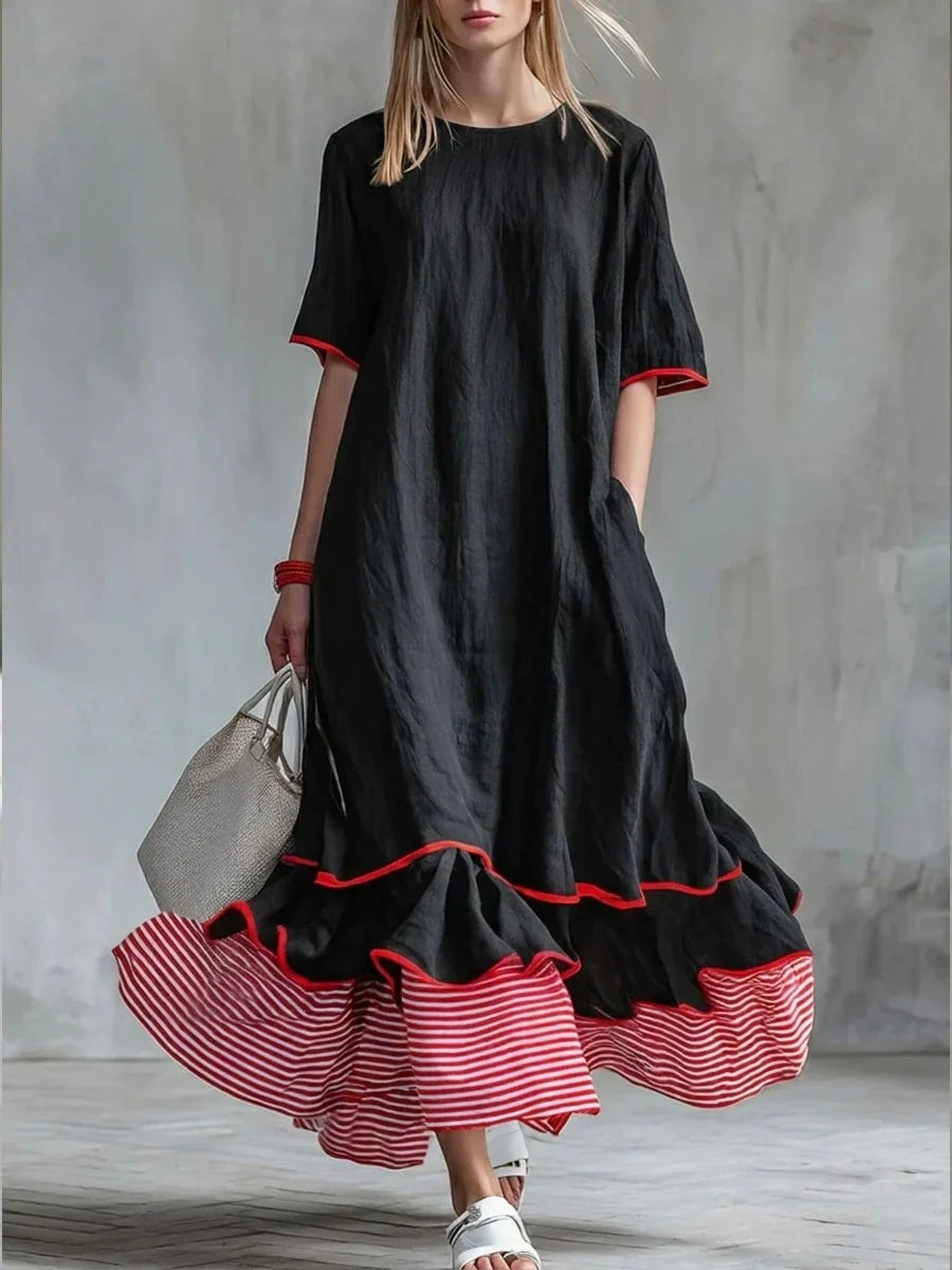 Robe longue ample en lin à rayures passepoilées et ourlet à volants
