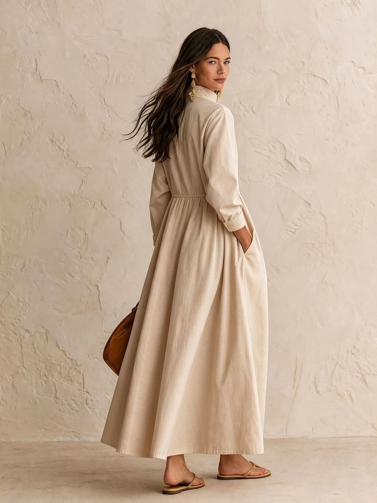 Half‑Zip Stand Collar Pocket Midi Maxi Dress