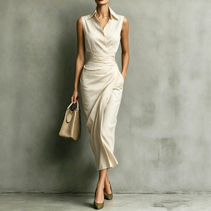Robe cache-cœur mi-longue sans manches bordeaux pour femme - Élégance pour le bureau et les soirées