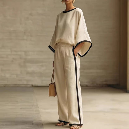 Ensemble deux pièces ample en coton et lin à col rond et manches chauve-souris élégant pour femme
