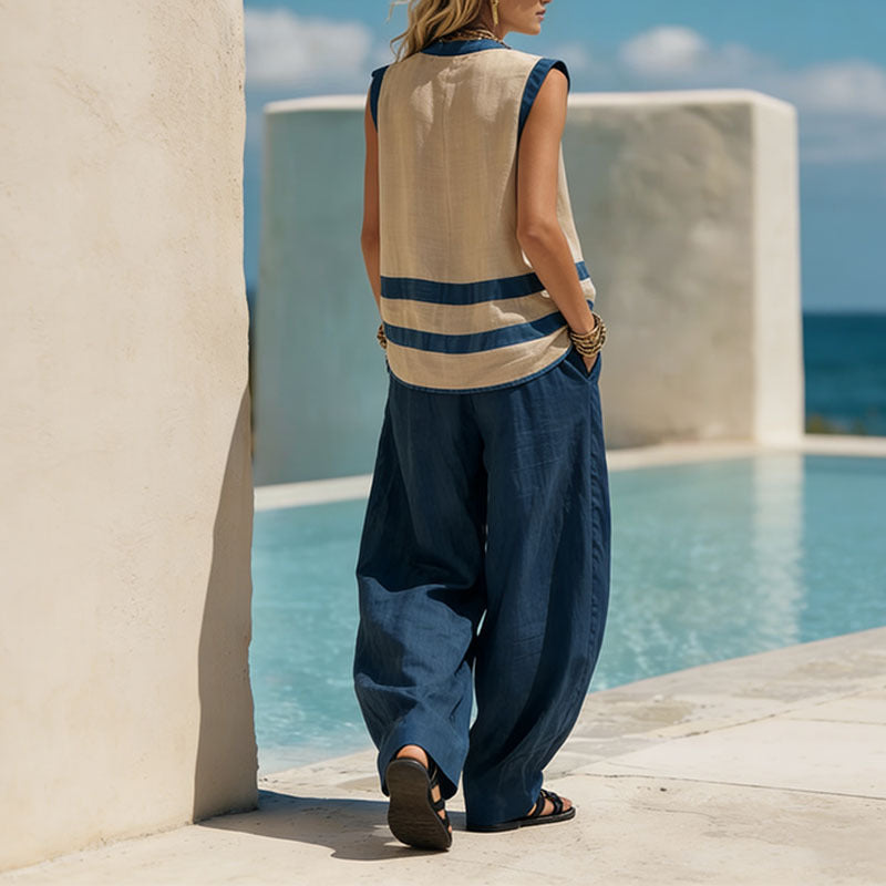 Ensemble deux pièces décontracté ample pour femme : gilet sans manches à col en V et pantalon large
