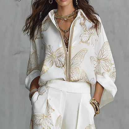 Ensemble deux pièces pantalon large taille haute, tenue de vacances élégante en satin de luxe