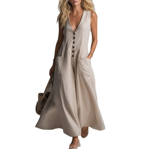 Robe décontractée unie à décolleté plongeant avec poches