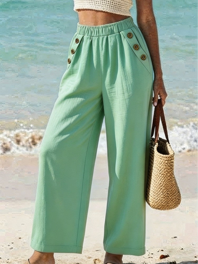 Pantalon décontracté taille haute boutonné à jambes larges