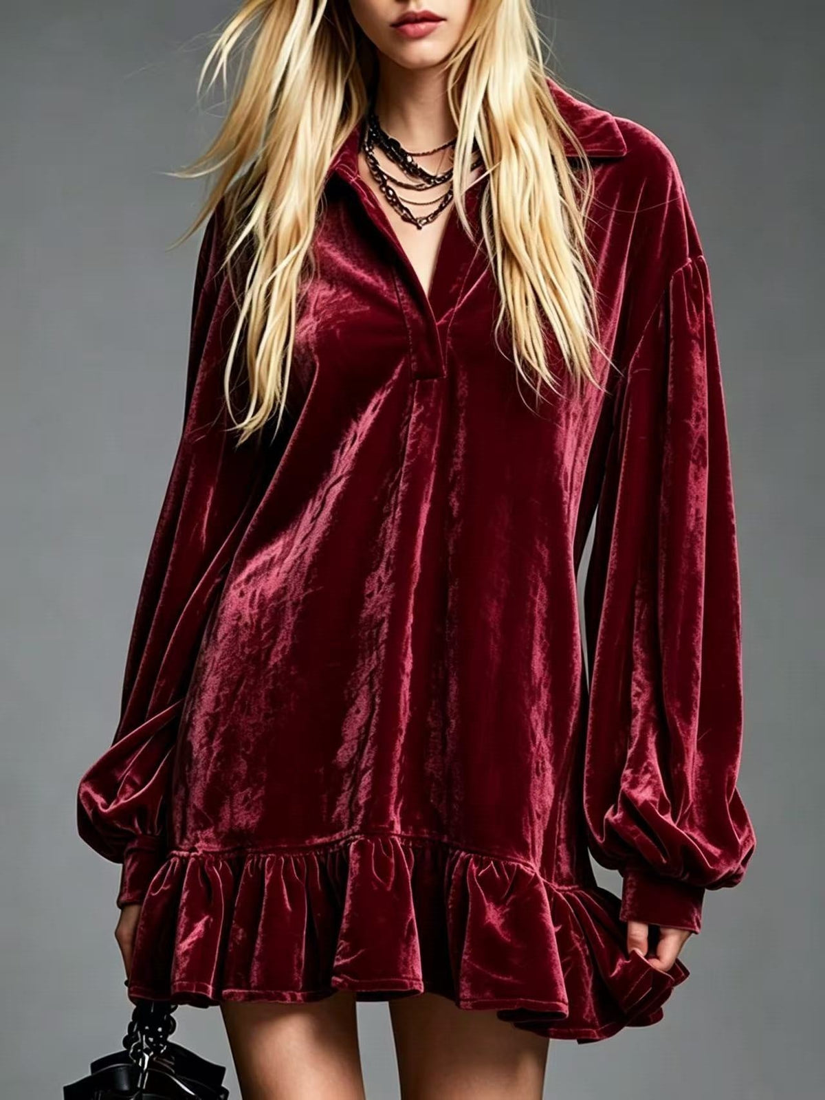 Mini-robe en velours à volants pour femme, tunique décontractée ample à revers et manches longues