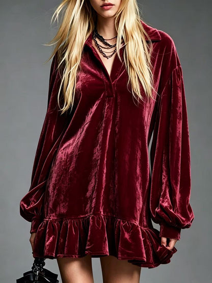 Mini-robe en velours à volants pour femme, tunique décontractée ample à revers et manches longues