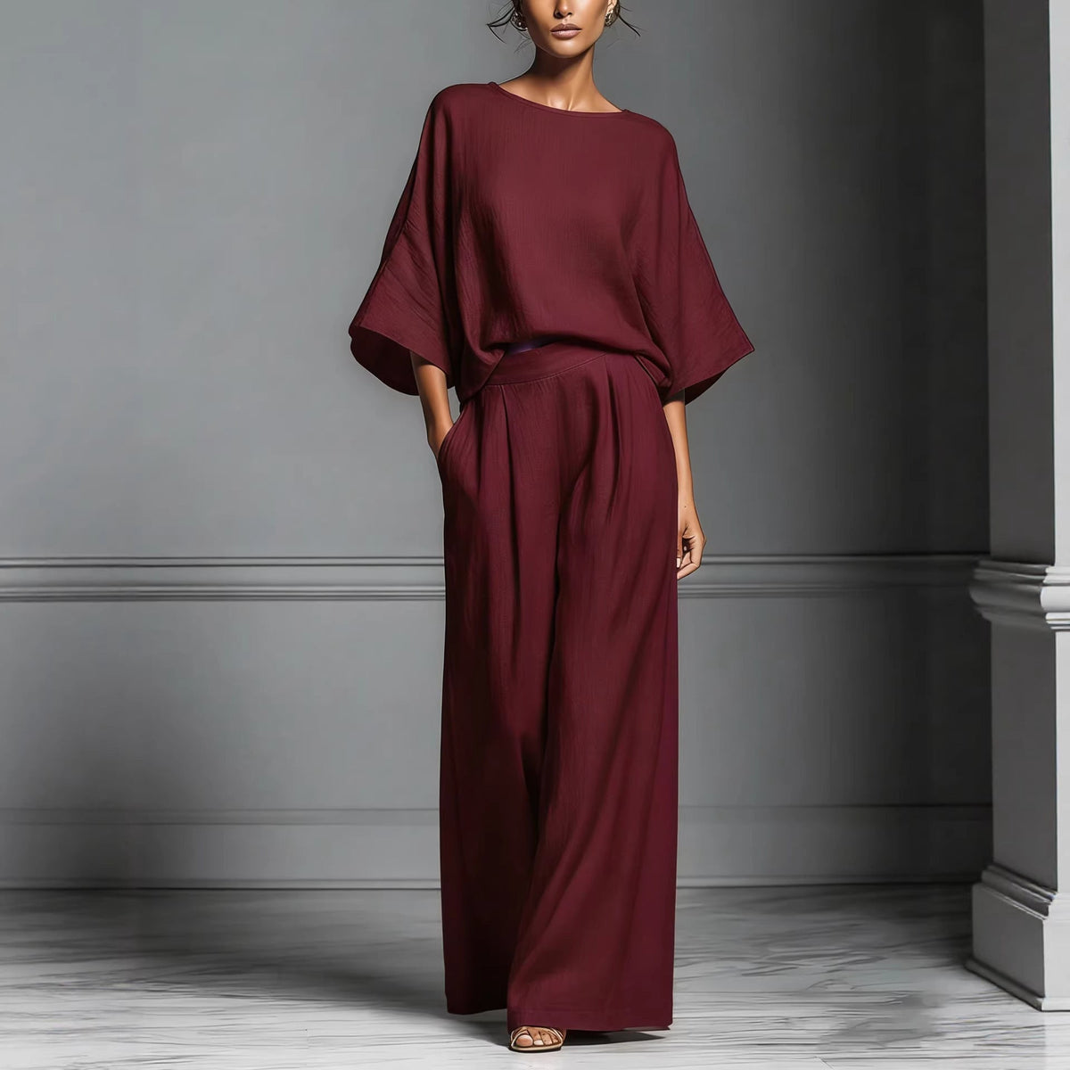 Linen-blend batwing two-piece set