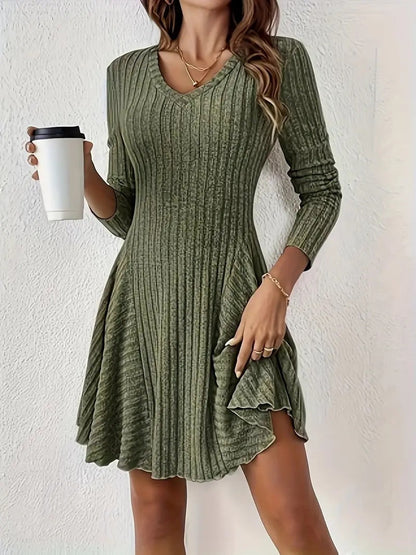 Ribbed Knit V‑Neck Long‑Sleeve Flared Mini Dress - green / S