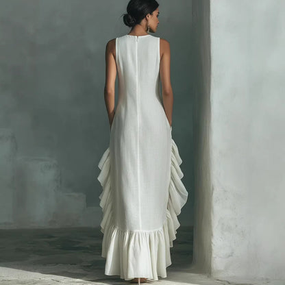 Longue robe maxi sans manches en lin à volants
