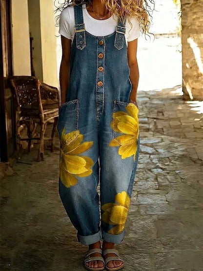 Salopette en jean sans effort à motif floral bohème pour femme