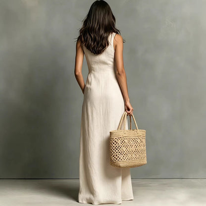 Robe chemise longue sans manches croisée et col en lin mélangé minimaliste pour femme