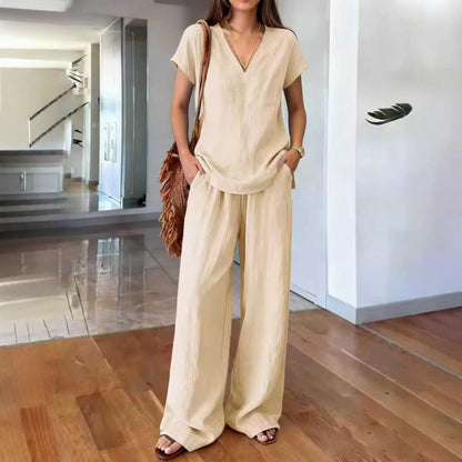 Ensemble 2 pièces en lin : haut col V manches courtes et pantalon large taille élastique