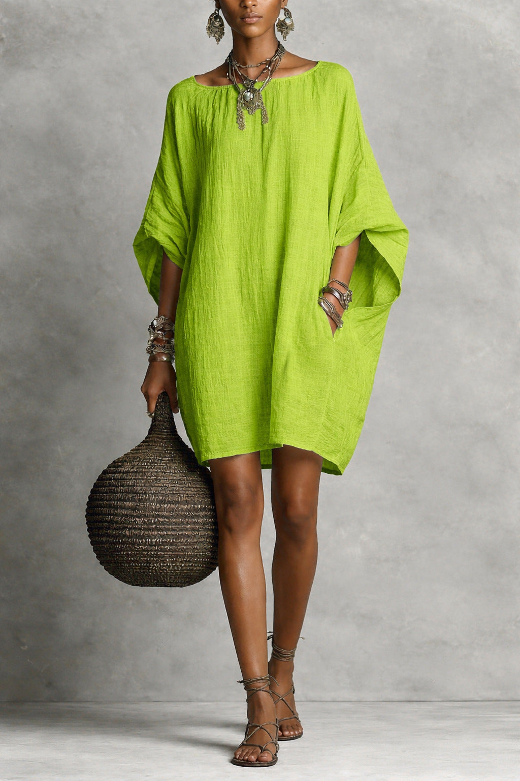Robe décontractée femme en coton-lin, couleur unie, col rond, manches 3/4, coupe ample