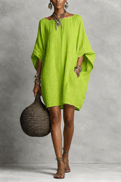 Robe décontractée femme en coton-lin, couleur unie, col rond, manches 3/4, coupe ample