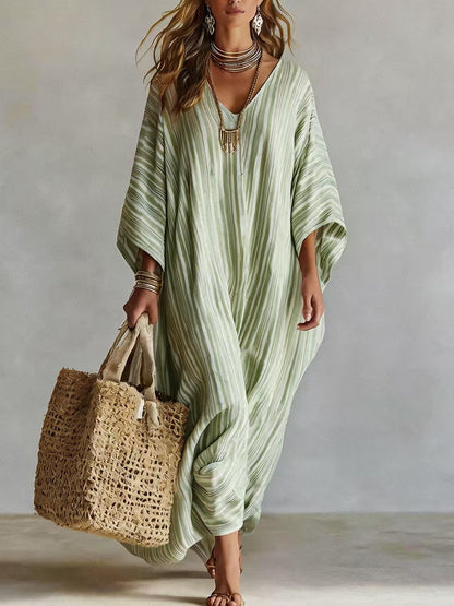 Robe longue kaftan rayée légère en mélange de lin pour femme – Paréo de plage oversize col en V