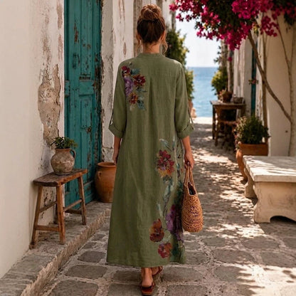 Robe longue boutonnée en lin à imprimé floral