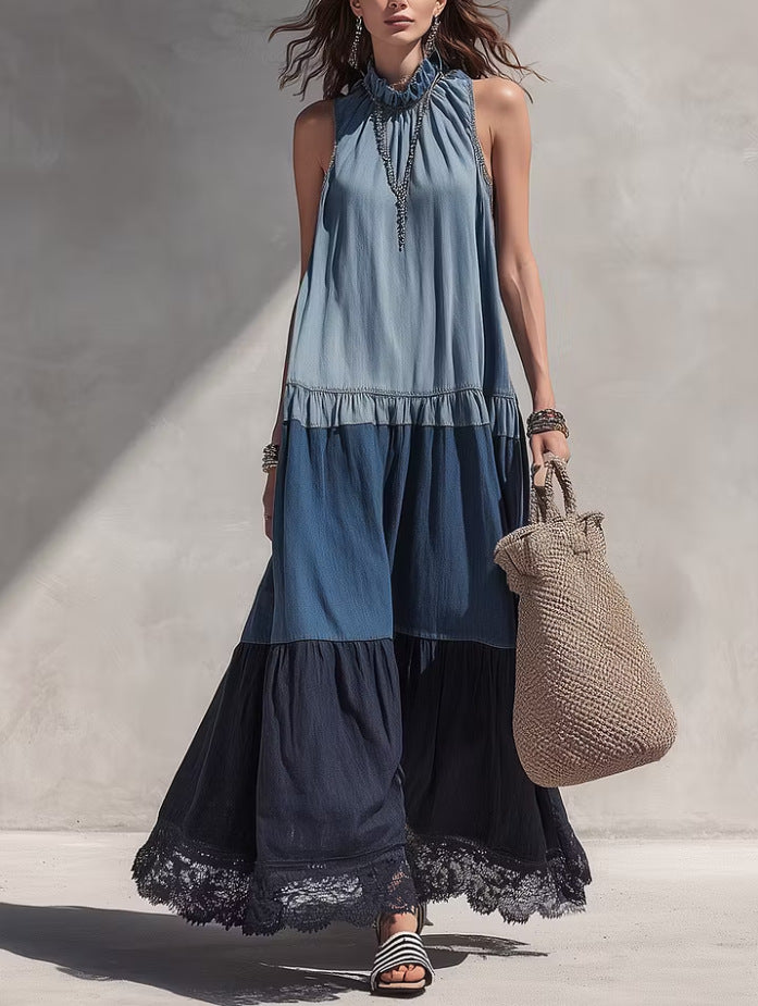 Robe longue en chambray à étages avec blocs de couleur et ourlet en dentelle