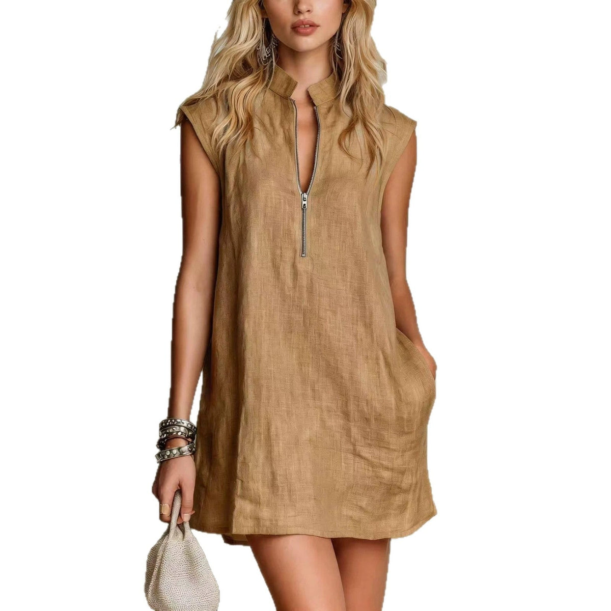 Robe courte droite sans manches à col officier, demi-zip et poches, en lin
