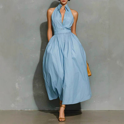 Robe Chemise Midi en Coton Plissée Boutonnée avec Col Licou Bleu Clair