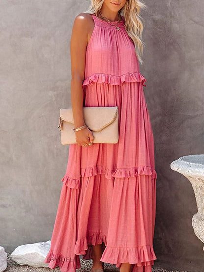Robe longue fluide à volants et plusieurs niveaux, coupe halter