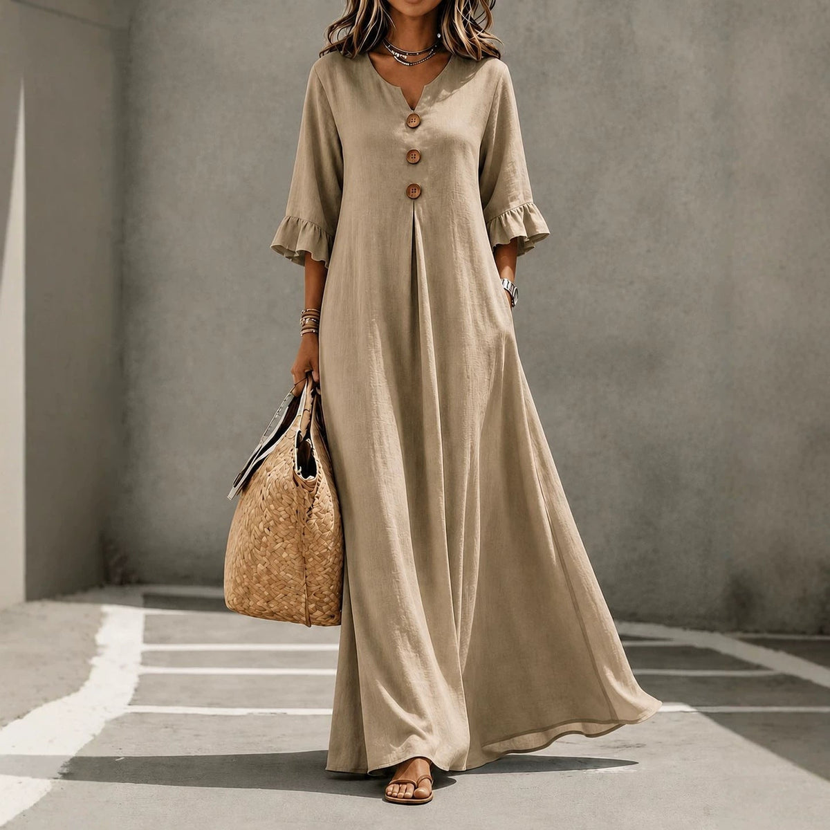 Robe longue en lin à col en V et manches volantées
