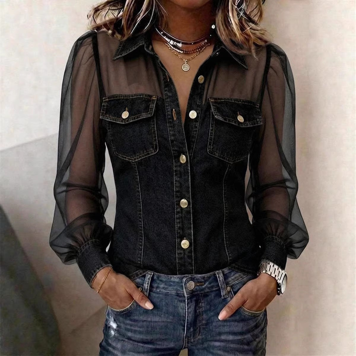 Chemisier à manches longues en jean patchwork et mousseline transparente à poche boutonnée décontracté pour femme