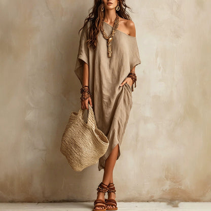 Robe femme coton et lin asymétrique ample manches chauve-souris mi-longue fendue pour les vacances