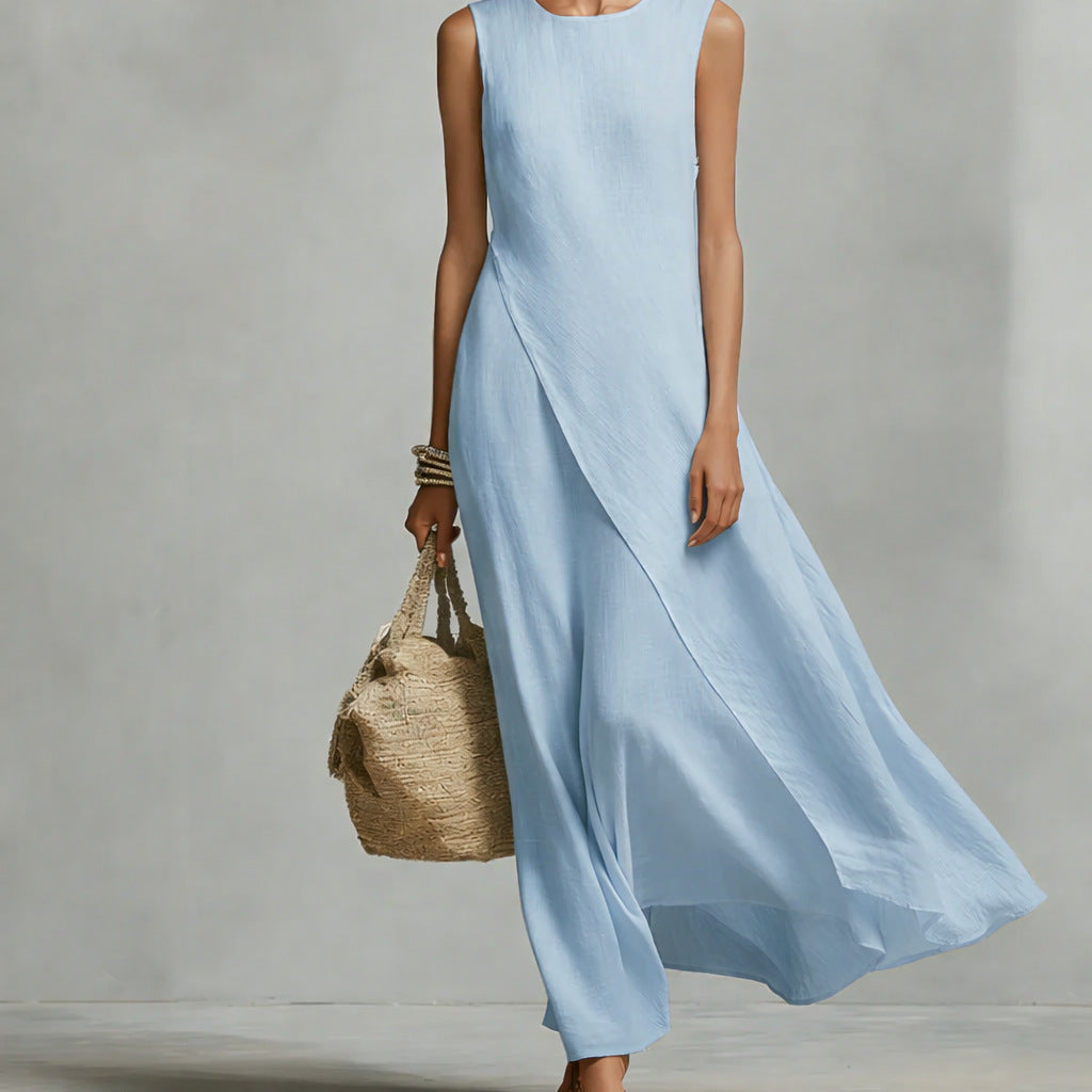 Robe longue asymétrique en lin sans manches