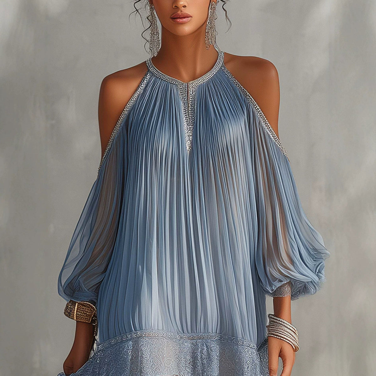 Robe trapèze plissée bleu pâle à épaules dénudées