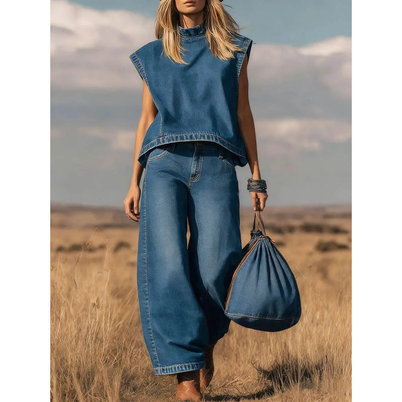 Ensemble deux pièces jean taille haute large