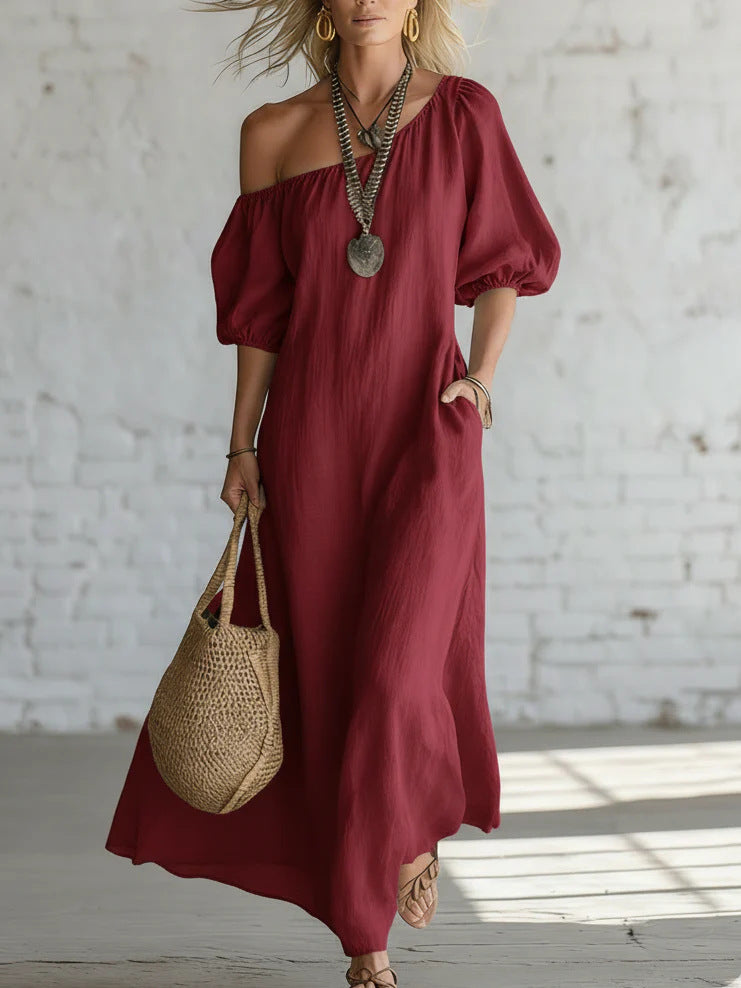 Robe longue en lin mélangé à épaules dénudées sans effort
