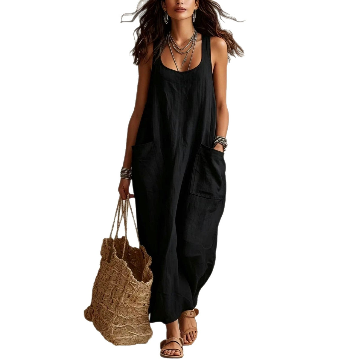 Robe longue maxi décontractée et fluide, sans manches, col en U, avec poches