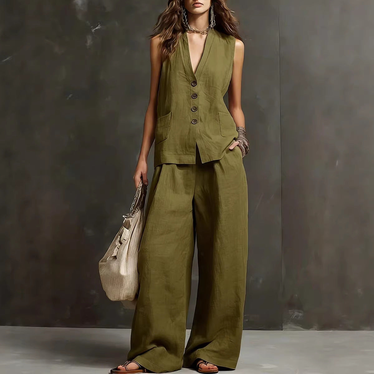 Ensemble gilet sans manches et pantalon large en mélange de lin