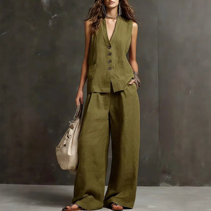 Ensemble gilet sans manches et pantalon large en mélange de lin
