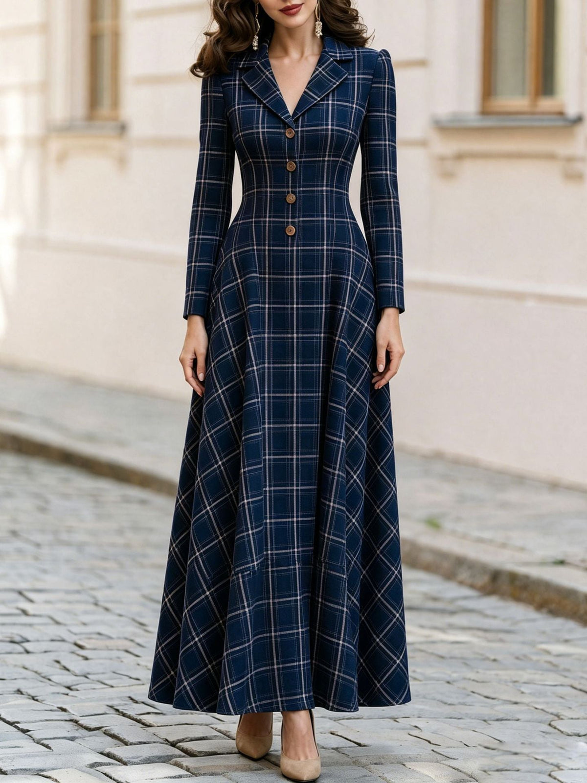 Robe longue à manches longues à carreaux classiques