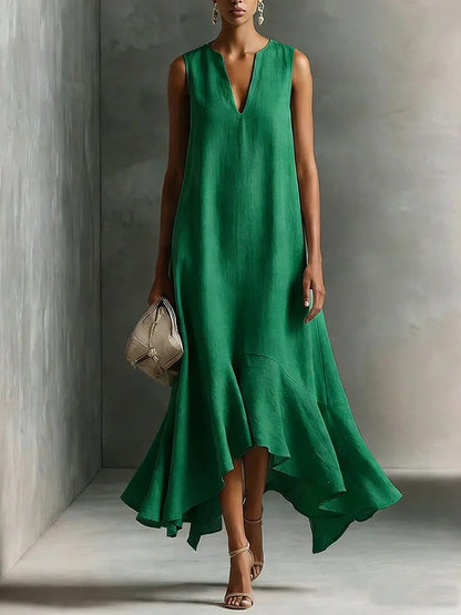 Robe midi sans manches en lin à col en V et ourlet volanté