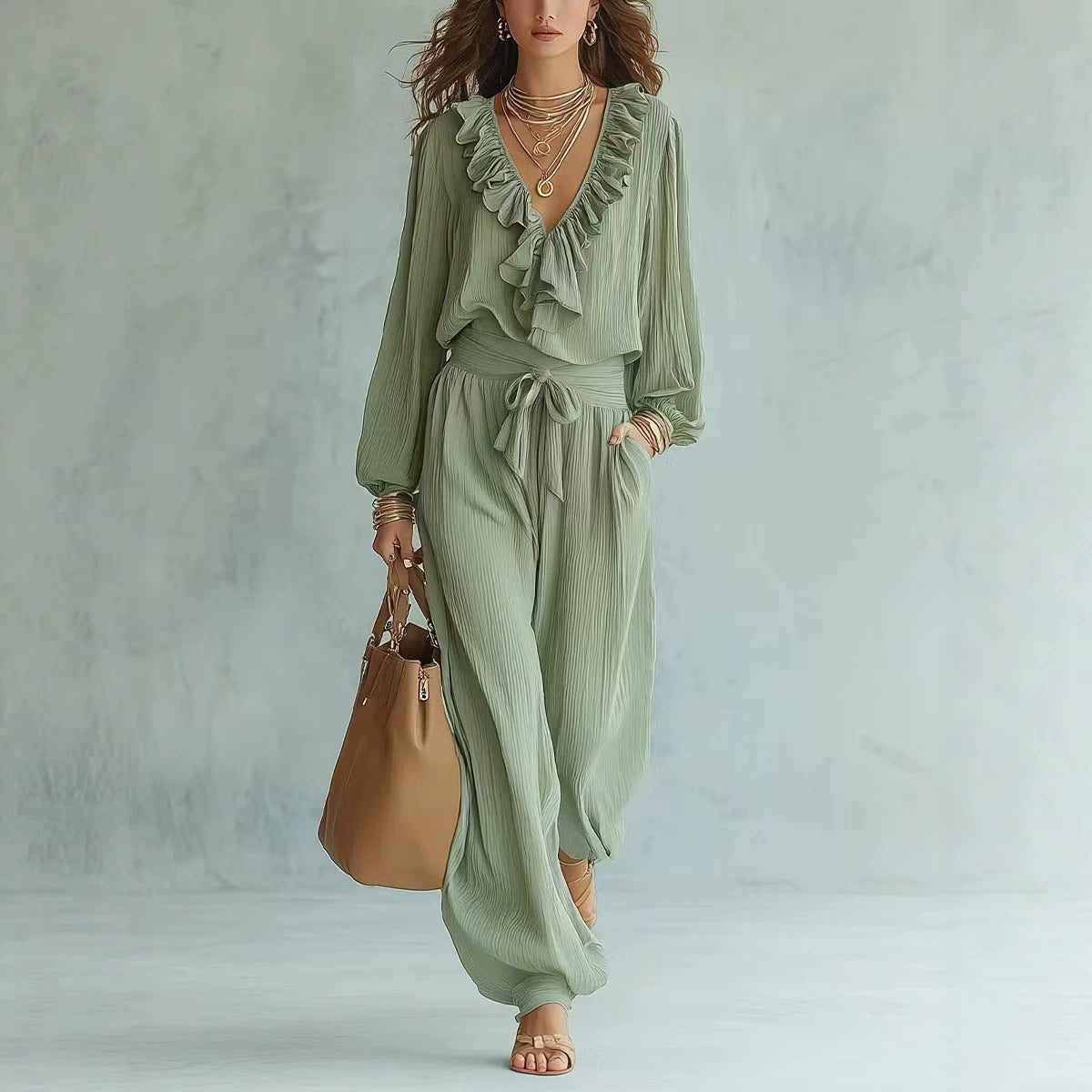 Ensemble deux pièces haut à manches longues avec col en V à volants et pantalon large à taille nouée