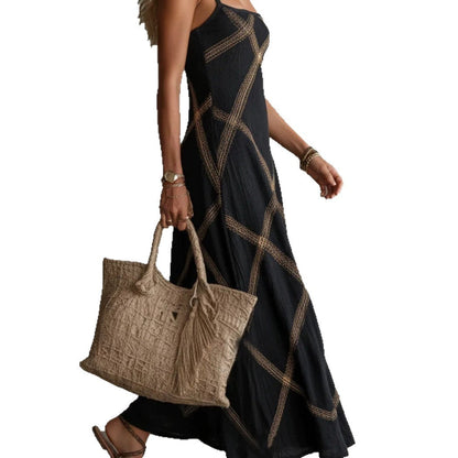 Robe longue fluide à encolure carrée et motif en losanges – Robe longue d'été bohème à fines bretelles