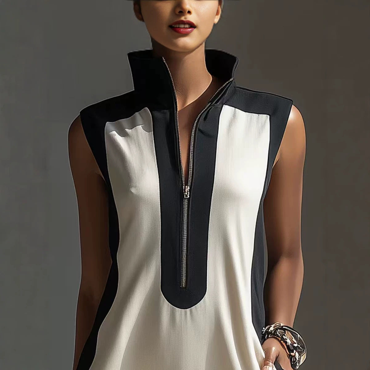 Robe Courte Bicolore Noire et Blanche Pour Femme avec Col Montant