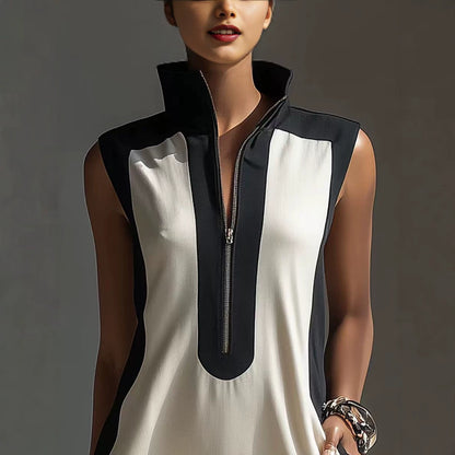 Robe Courte Bicolore Noire et Blanche Pour Femme avec Col Montant