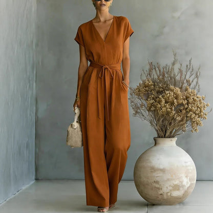 Combinaison élégante col en V avec ceinture pour femme - Tenue une pièce chic et décontractée pour le quotidien et les occasions spéciales