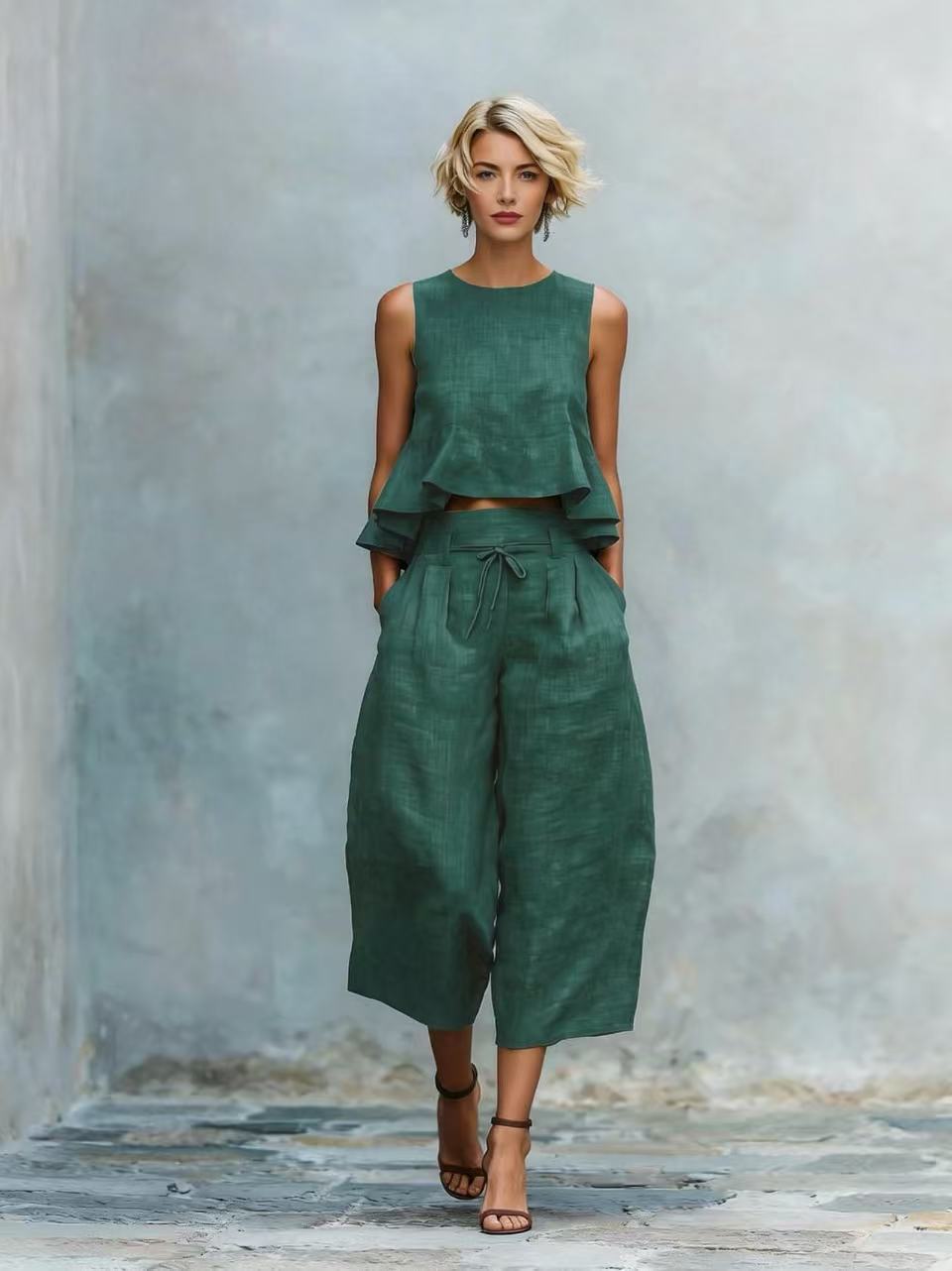 Ensemble deux pièces caraco court à volants en lin et pantalon culotte taille nouée