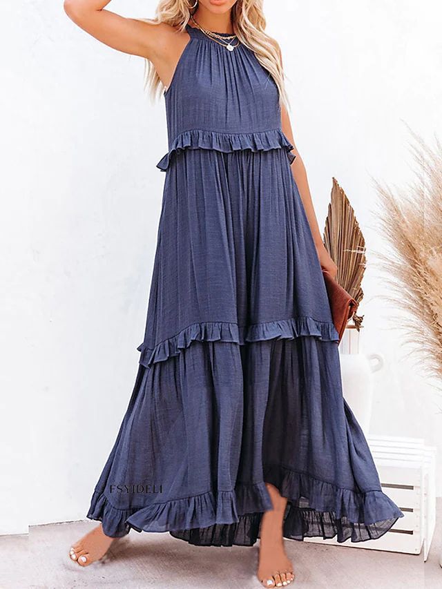 Robe longue fluide à volants et plusieurs niveaux, coupe halter