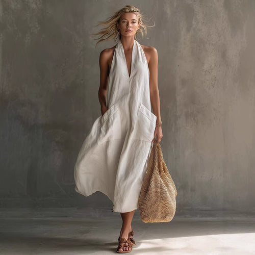 Robe midi décontractée en lin à encolure dos-nu avec poches