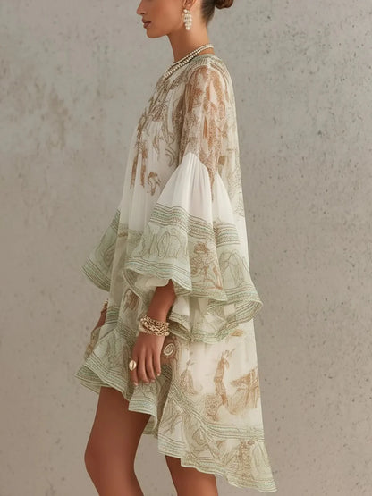 Mini-robe femme en polyester extensible imprimée bohème avec manches évasées à volants