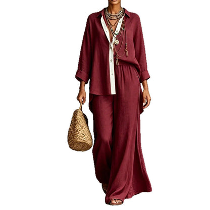 Ensemble 2 pièces chemise en lin et pantalon large à liseré contrastant