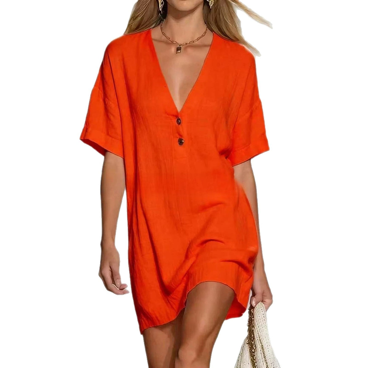 Robe chemise en lin mélangé à col en V, chic et facile à porter