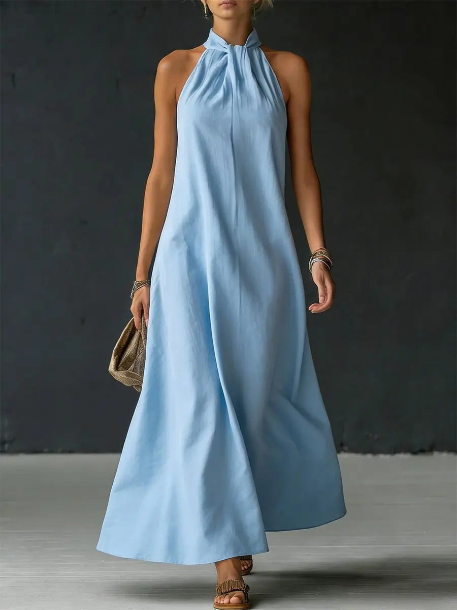 Robe longue en lin mélangé à col montant.